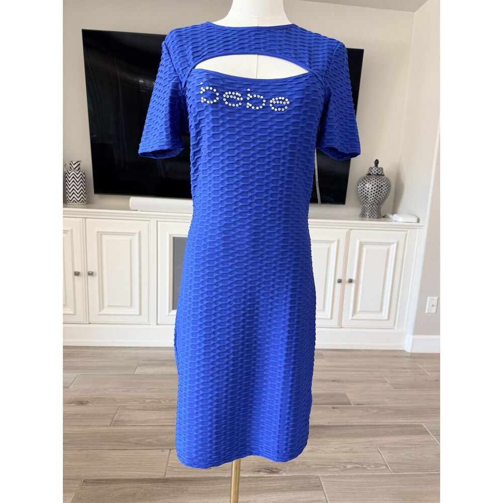 bebe Royal Blue Rhinestone Logo Bodycon Dress, NWT, Size M